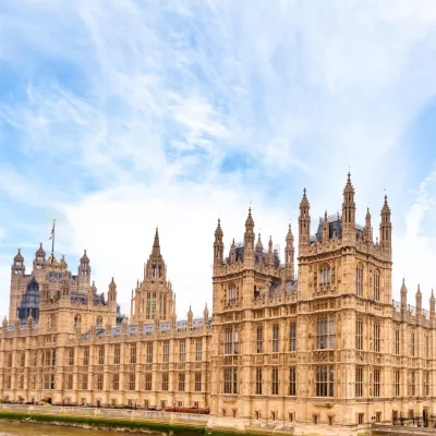 An exterior photograph of the Palace of Westminster. 